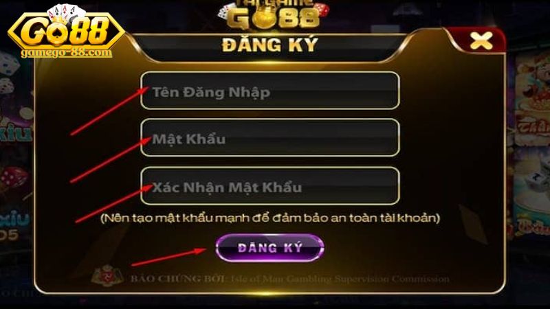 Nhập thông tin Tên đăng nhập và mật khẩu đăng nhập để tạo tài khoản Go88 